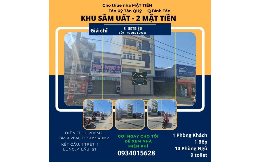 Cho thuê nhà 2 Mặt Tiền Tân Kỳ Tân Quý 208m2, 5 LẦU - KHU SẦM UẤT